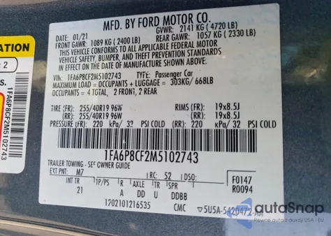 2021 Ford Mustang Gt z USA, uszkodzony, nr VIN 1FA6P8CF2M5102743